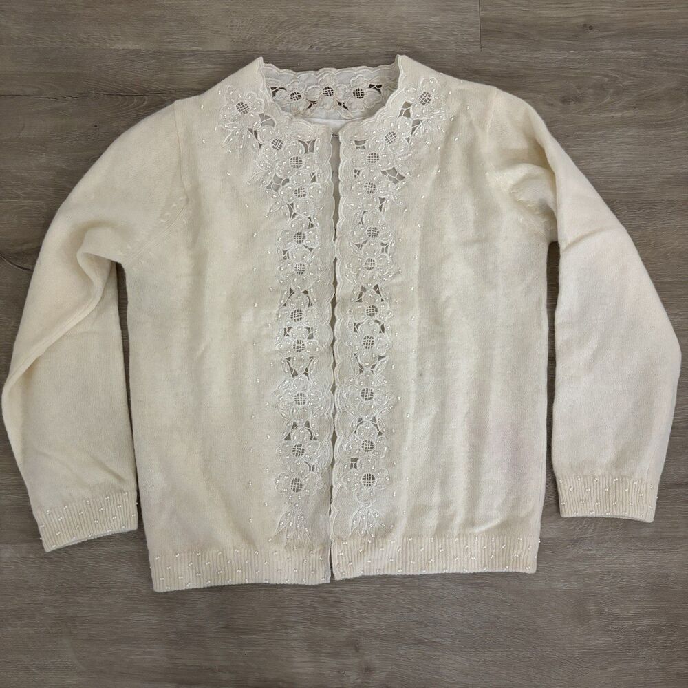 VTG 50s Cream Hand Beaded Grannycore Sweater Sm Lined Cottagecore Pin Up Glam